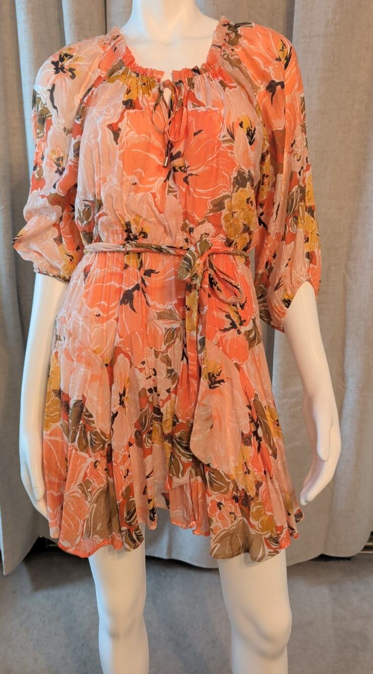 MINKPINK Thalia Boho Floral Puff Sleeve Tie Waist Ruffle Mini Dress Orange Sz S